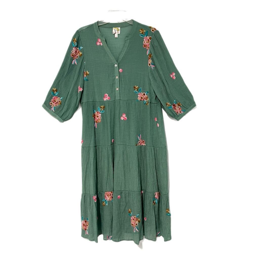 Fig And Flower Women's Embroidered Midi Dress Size Large Boho Flowy Tiered Green